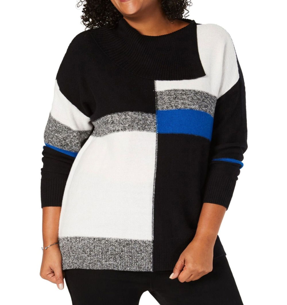 Style & Co Women's Sweater Envelope Neck Colorblock Sea Captain Combo SMALL